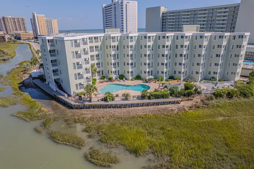 Aerial view of the completed Sands Beach Club bulkhead wrapping the Myrtle Beach property