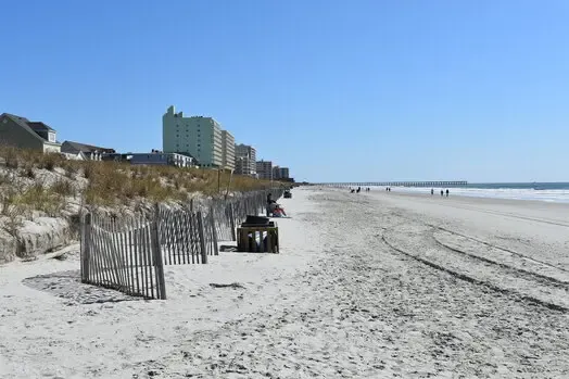 Cherry Grove beach and neighboring oceanfront buildings