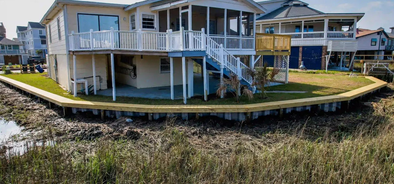 Aerial view of a vinyl bulkhead at a Pawleys Island waterfront home