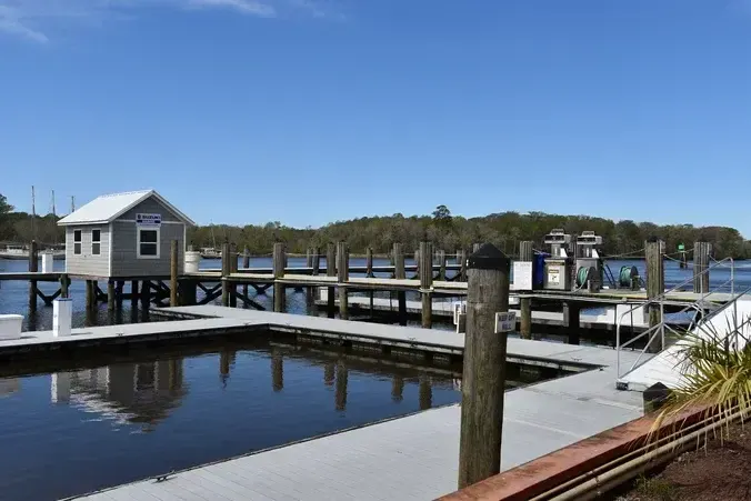 Floating dock network and shore access at Wacca Wache Marina in Murrells Inlet